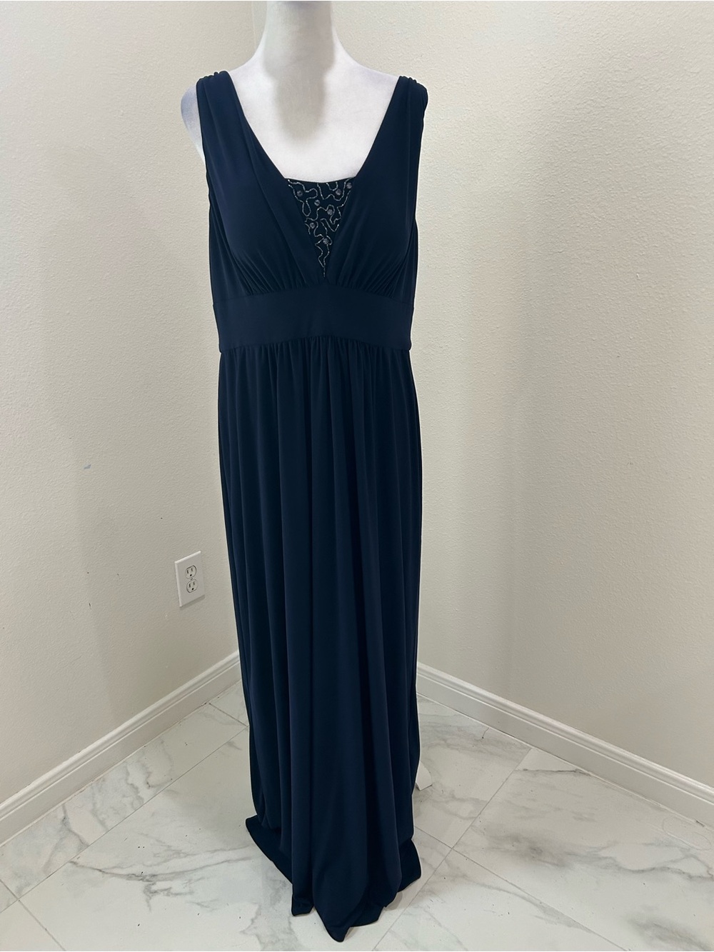 Jessica Howard Navy Empire Waist Sleeveless Maxi Dress with Embroidered Inset